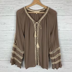 Entro//Boho Button Up With Tassel Crocheted Blouse